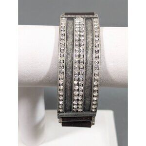 Jewel Kade JK‎ Enchanted Crystal Pave Leather Snap Cuff Bracelet Silver Tone 7"